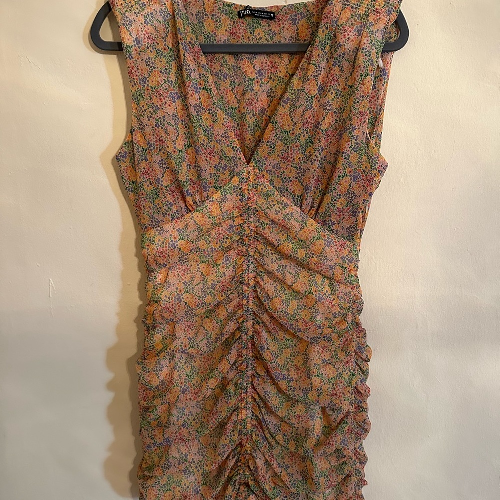 Zara floral print V-neck sleeveless draped dress - Picture 5 of 8